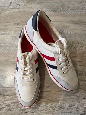 Clubroom- Men's Cream Canvas Sneakers with Red and Navy Stripes